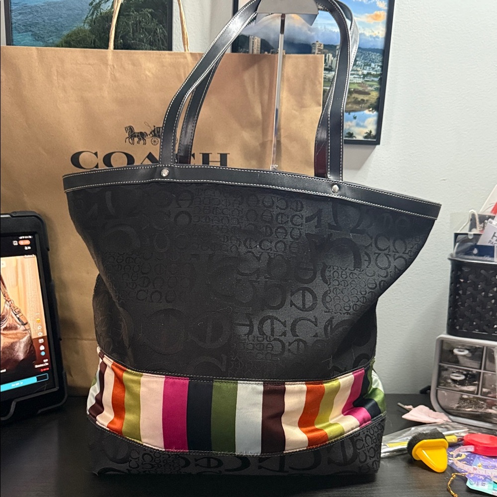 Black Tote with Multicolor Stripe Trim